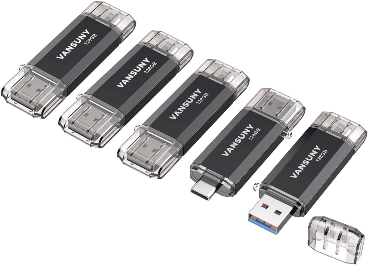 5 Pack 128GB USB C Flash Drive 2 in 1 OTG USB 3.0+USB C Memory Stick with Keychain Thumb Drive Photo Stick Jump Drive for Android Smartphones, Computers, Macbook, Tablets, PC